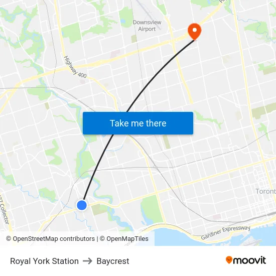 Royal York Station to Baycrest map
