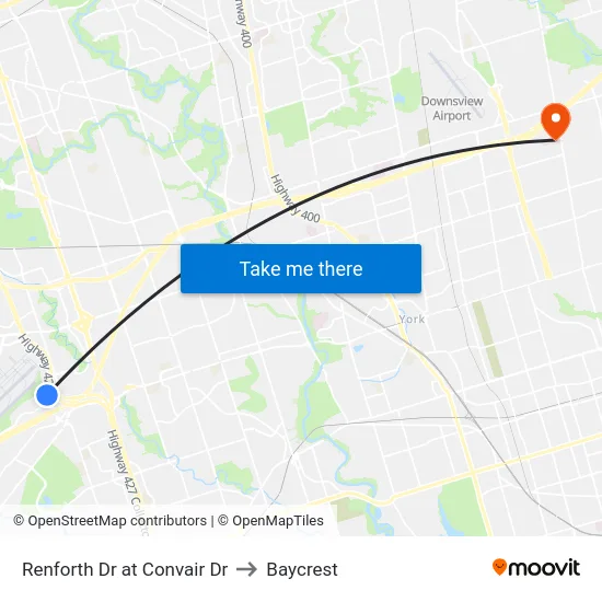 Renforth Dr at Convair Dr to Baycrest map