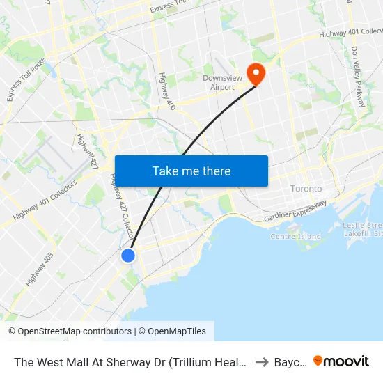 The West Mall At Sherway Dr (Trillium Health Ctr South Stop) to Baycrest map