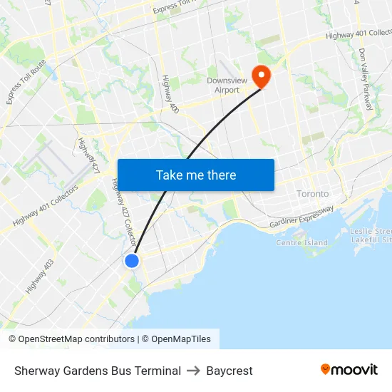 Sherway Gardens Bus Terminal to Baycrest map