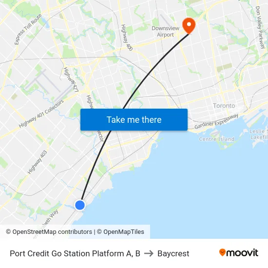 Port Credit Go Station Platform A, B to Baycrest map