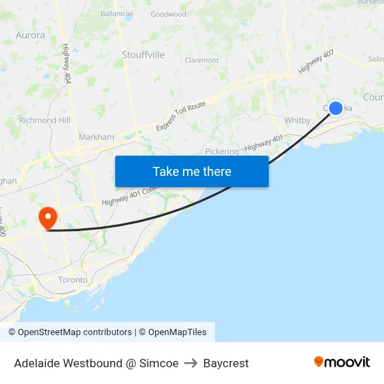 Adelaide Westbound @ Simcoe to Baycrest map