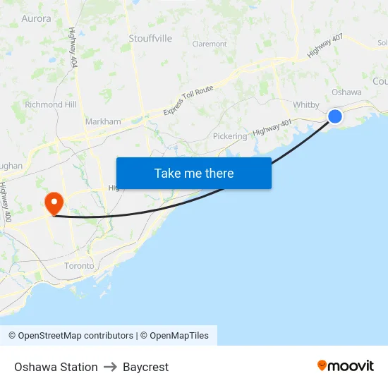 Oshawa Station to Baycrest map
