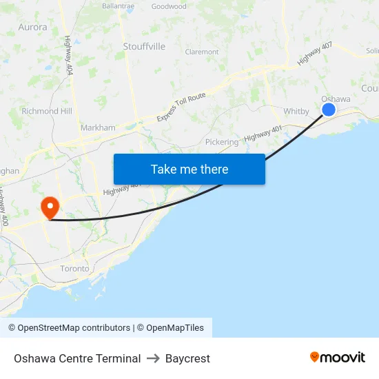 Oshawa Centre Terminal to Baycrest map