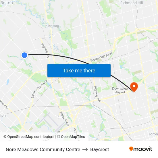 Gore Meadows Community Centre to Baycrest map