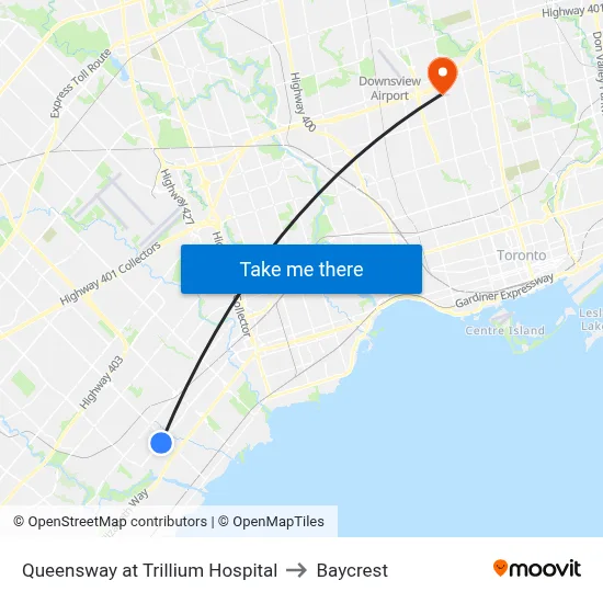 Queensway at Trillium Hospital to Baycrest map