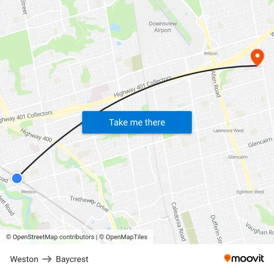 Weston to Baycrest map