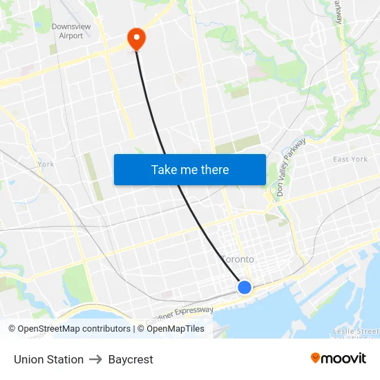 Union Station to Baycrest map