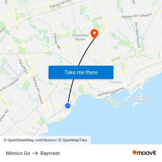 Mimico Go to Baycrest map