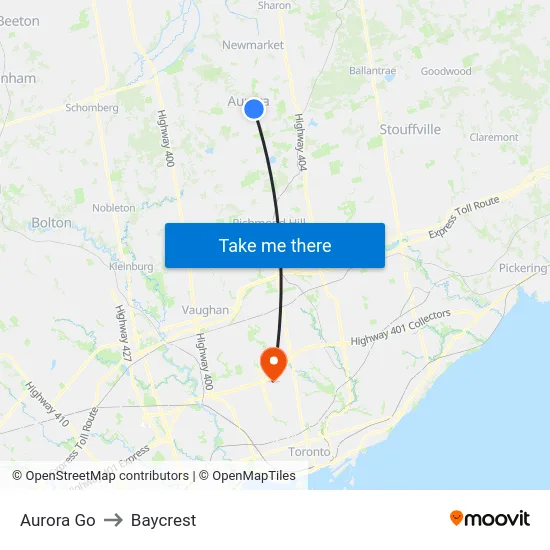Aurora Go to Baycrest map