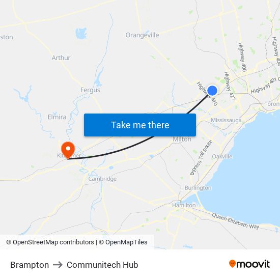 Brampton to Communitech Hub map