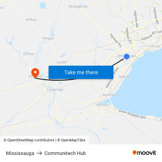 Mississauga to Communitech Hub map