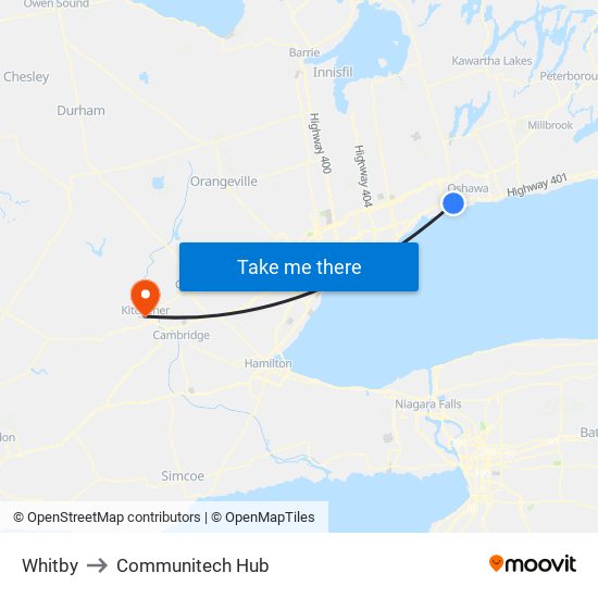 Whitby to Communitech Hub map