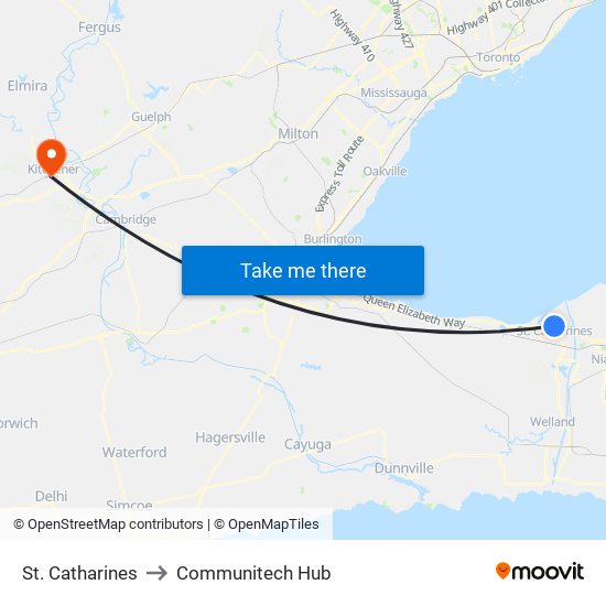 St. Catharines to Communitech Hub map