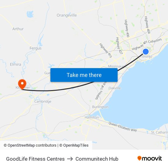 GoodLife Fitness Centres to Communitech Hub map