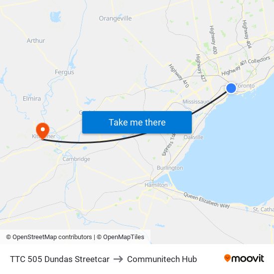 TTC 505 Dundas Streetcar to Communitech Hub map