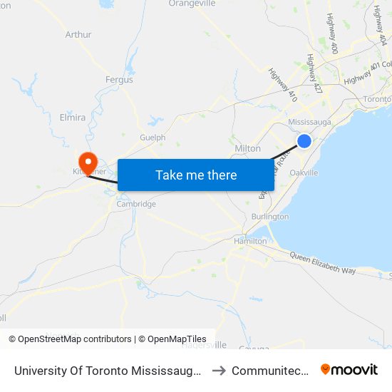 University Of Toronto Mississauga Campus to Communitech Hub map