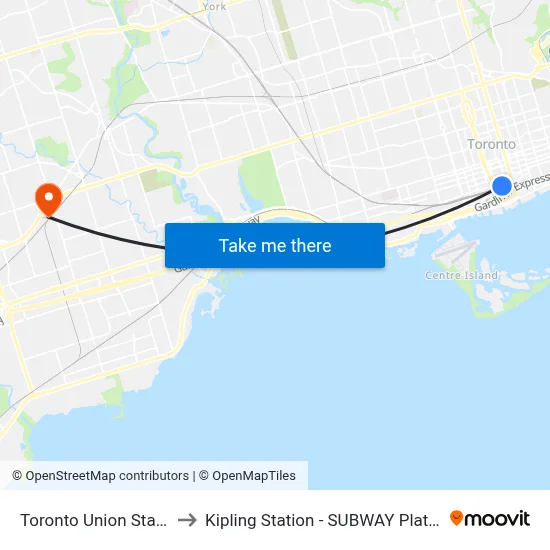 Toronto Union Station to Kipling Station - SUBWAY Platform map