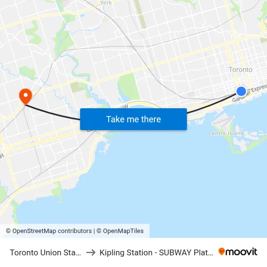 Toronto Union Station to Kipling Station - SUBWAY Platform map