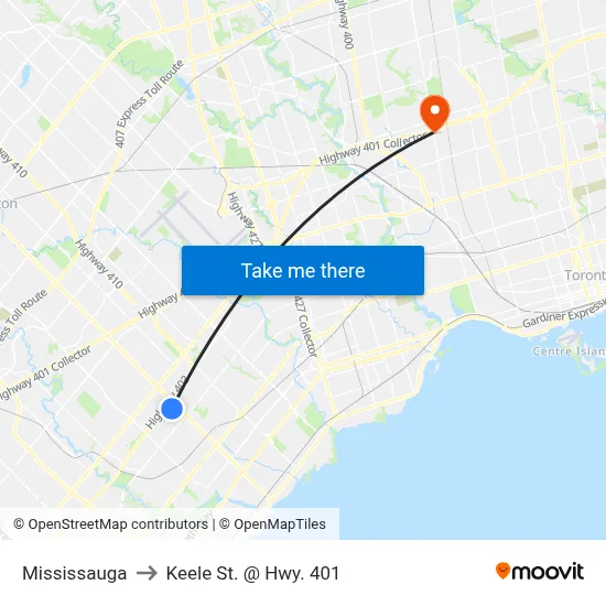 Mississauga to Keele St. @ Hwy. 401 map