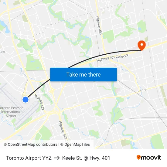 Toronto Airport YYZ to Keele St. @ Hwy. 401 map