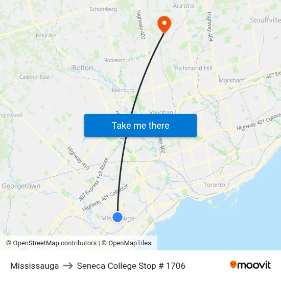 Mississauga to Seneca College Stop # 1706 map