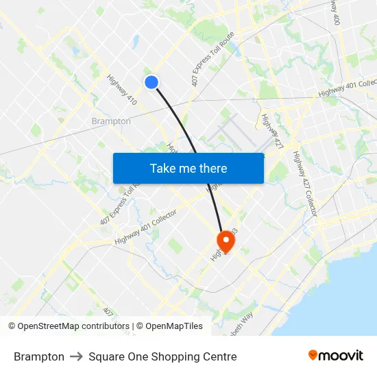 Brampton to Square One Shopping Centre map