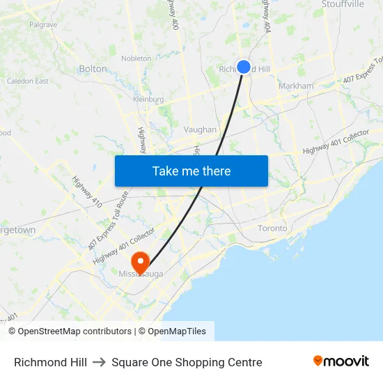Richmond Hill to Square One Shopping Centre map