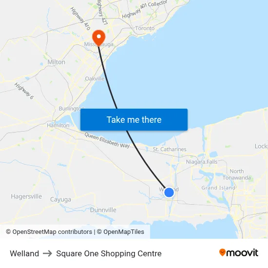 Welland to Square One Shopping Centre map