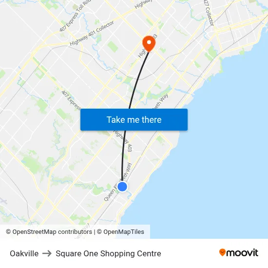 Oakville to Square One Shopping Centre map