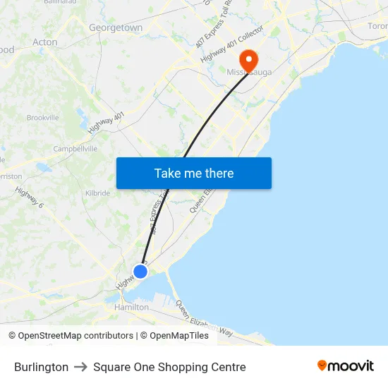 Burlington to Square One Shopping Centre map