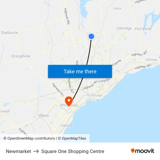 Newmarket to Square One Shopping Centre map