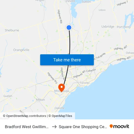 Bradford West Gwillimbury to Square One Shopping Centre map