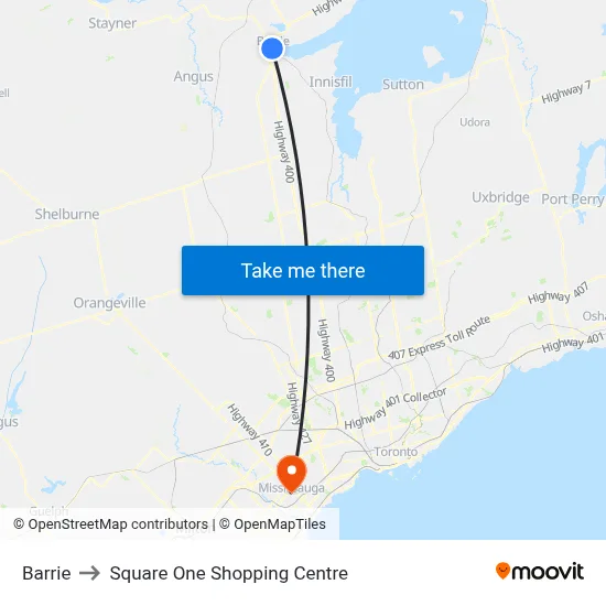 Barrie to Square One Shopping Centre map