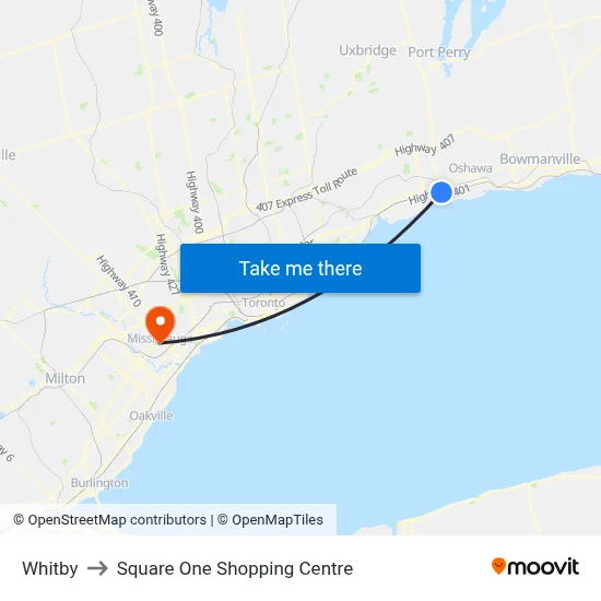 Whitby to Square One Shopping Centre map