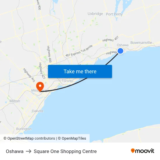 Oshawa to Square One Shopping Centre map