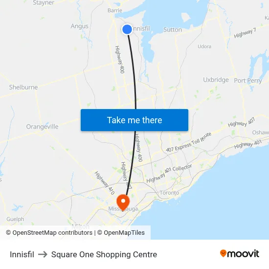 Innisfil to Square One Shopping Centre map