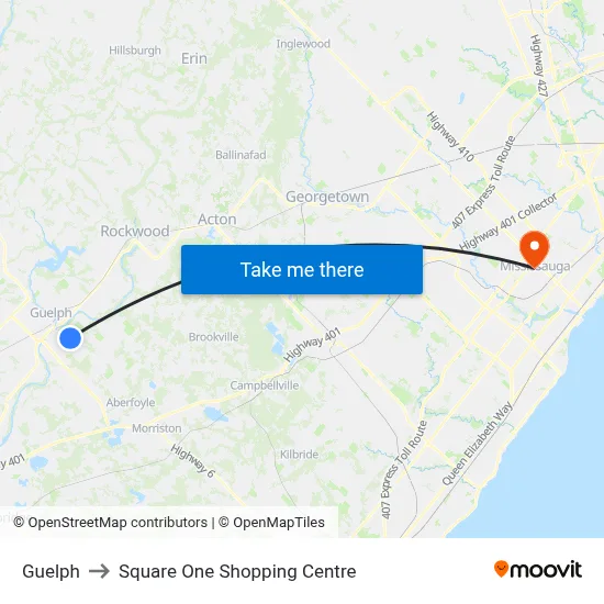 Guelph to Square One Shopping Centre map