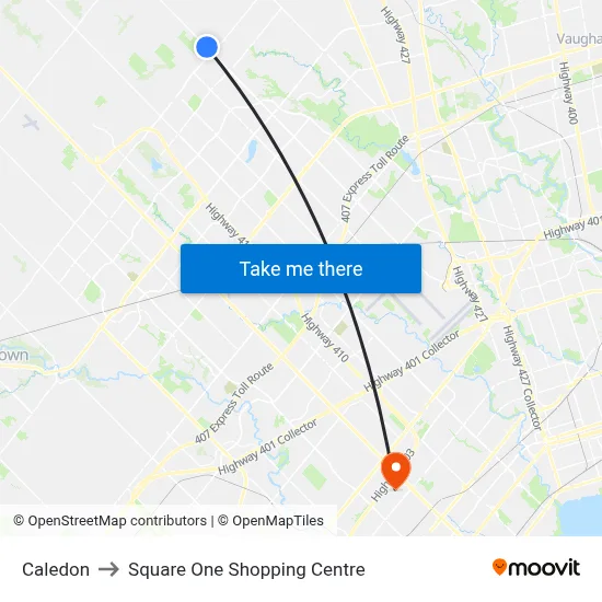 Caledon to Square One Shopping Centre map