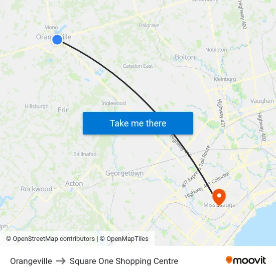 Orangeville to Square One Shopping Centre map