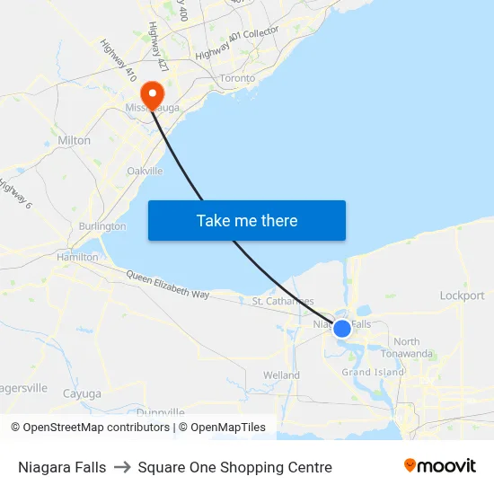 Niagara Falls to Square One Shopping Centre map