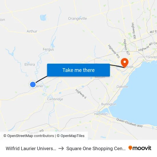 Wilfrid Laurier University to Square One Shopping Centre map