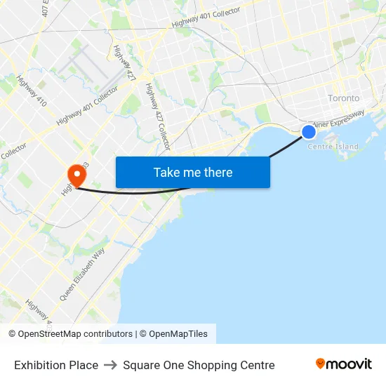 Exhibition Place to Square One Shopping Centre map