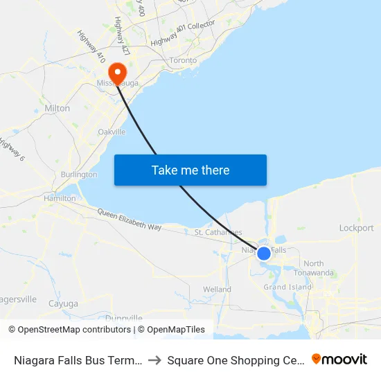 Niagara Falls Bus Terminal to Square One Shopping Centre map