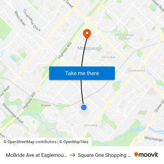 McBride Ave at Eaglemount Cres to Square One Shopping Centre map