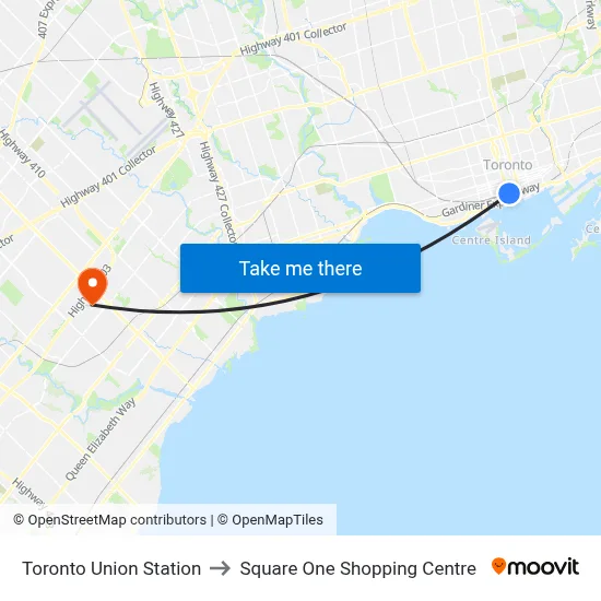 Toronto Union Station to Square One Shopping Centre map