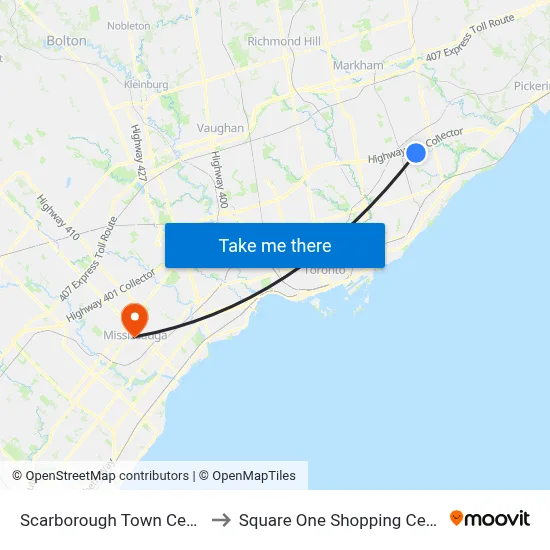 Scarborough Town Centre to Square One Shopping Centre map