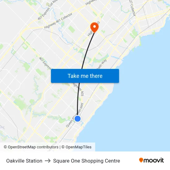 Oakville Station to Square One Shopping Centre map