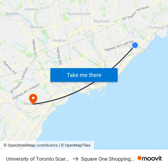University of Toronto Scarborough to Square One Shopping Centre map