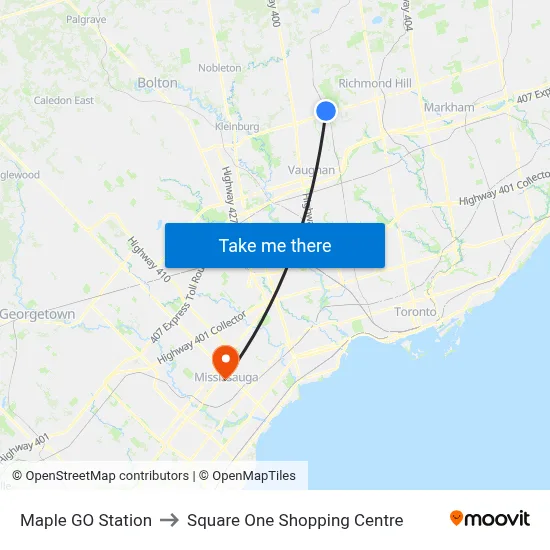 Maple GO Station to Square One Shopping Centre map